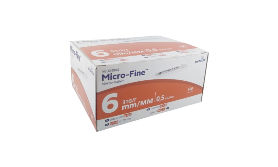 Шприц інсуліновий 0,5 мл U-100 Embecta Micro-Fine 31G (0.25 x 6 мм), 10 штук