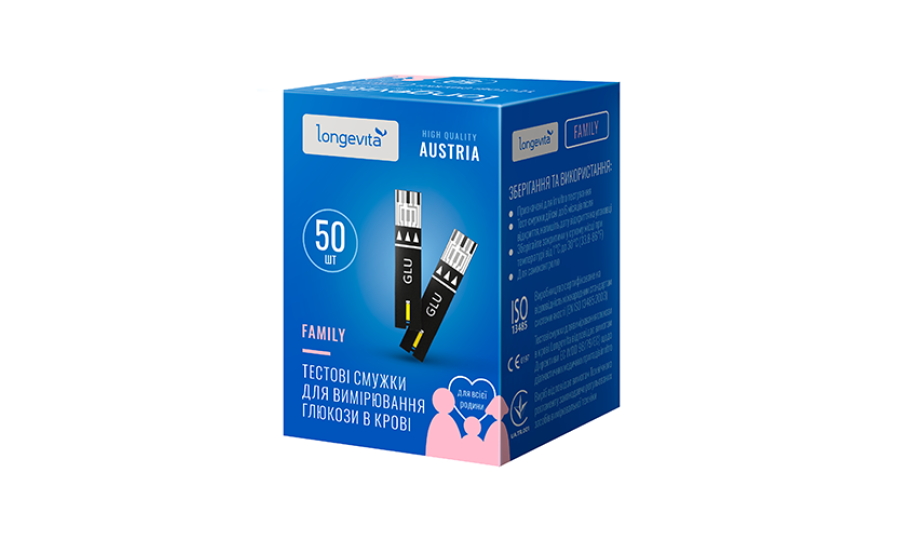 Тест-смужки для вимірювання глюкози в крові Longevita Family (50шт.)