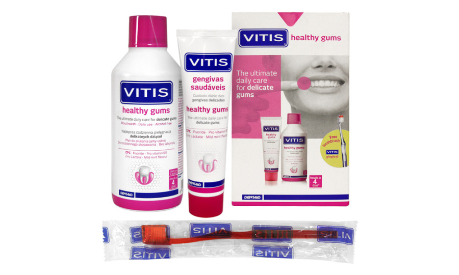 VITIS HEALTHY GUMS НАБІР: ополіскувач 500 мл, зубна паста 100 мл + щітка VITIS GINGIVAL у подарунок