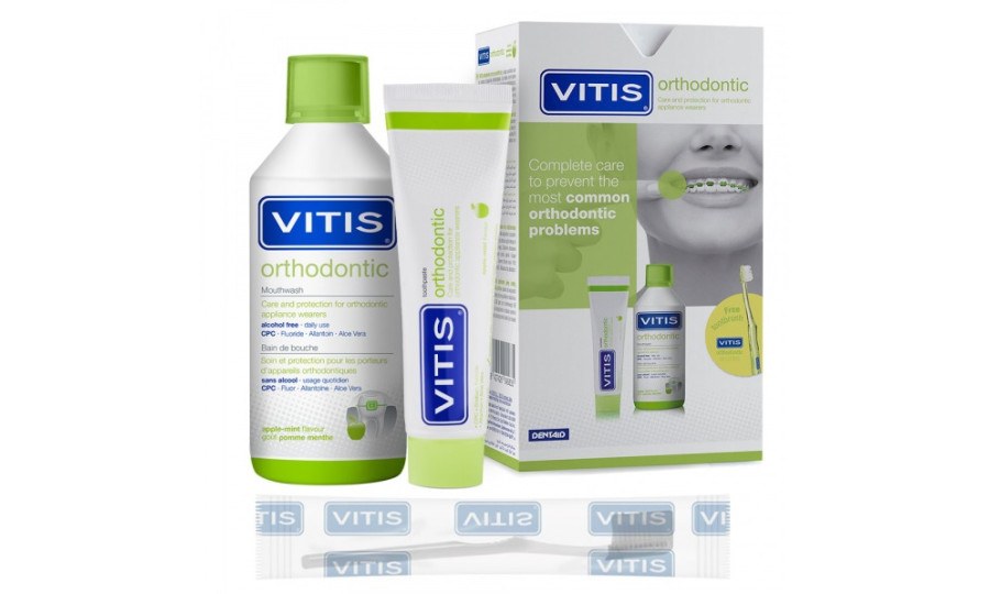 VITIS ORTHODONTIC НАБІР: ополіскувач 500 мл, зубна паста 100 мл + щітка у подарунок